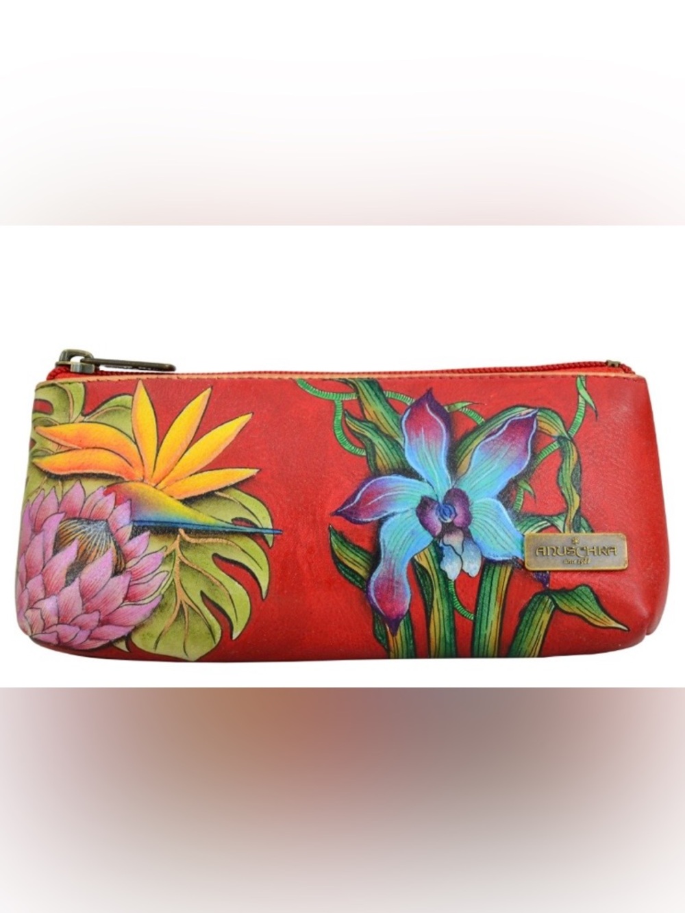 Anuschka Hand-Painted Red Floral Leather Cosmetic Pouch